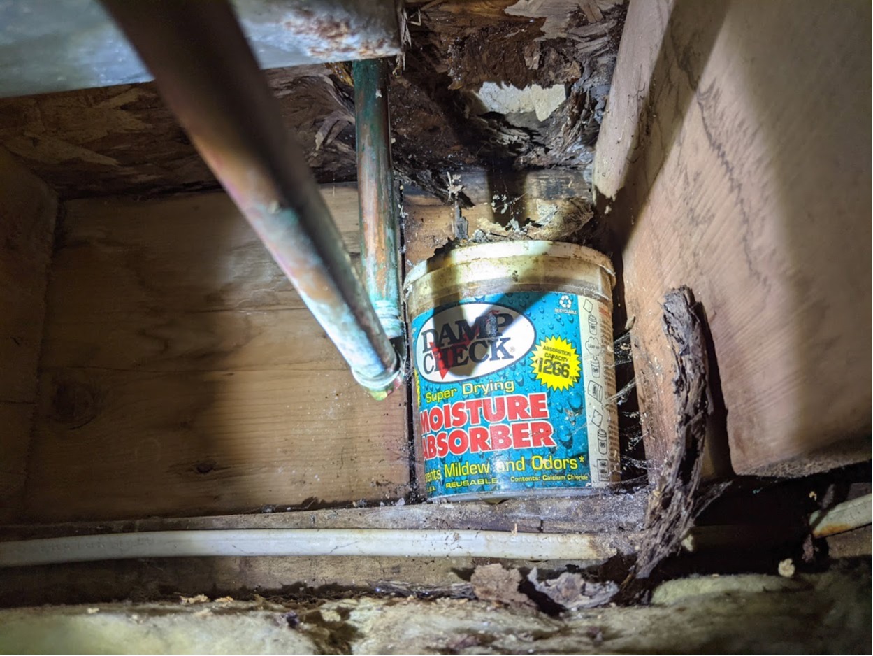 Moisture inspection photo showing a meter reading near wood framing to identify hidden water issues and support proper moisture management.