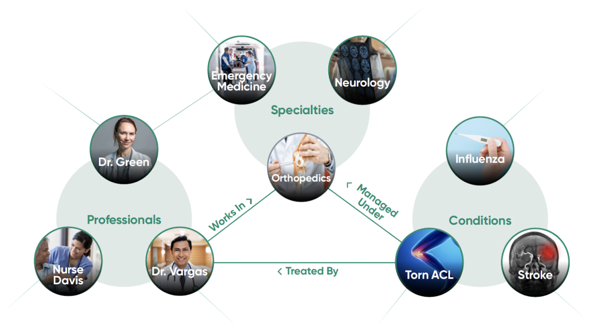 A bunch of circles all connected by arrows on top of three larger green circles with Professionals, Specialties and Conditions.