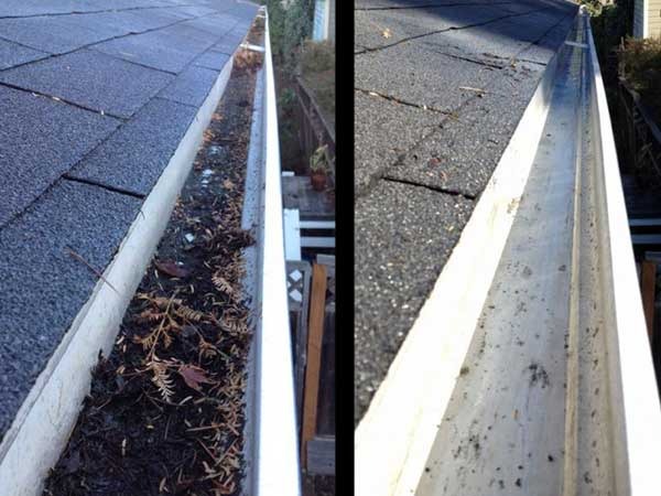 Gutter cleaning before and after, leaves and moss removed