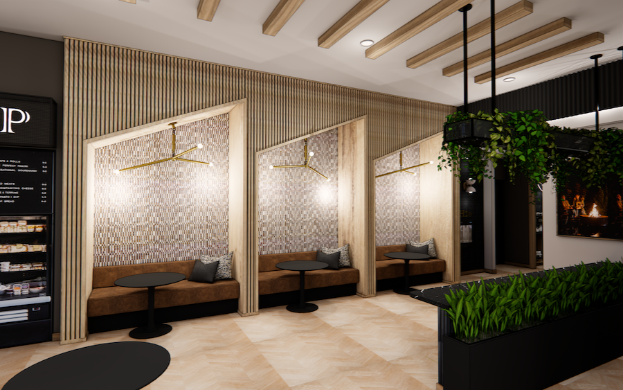 Renderings of eating booths.