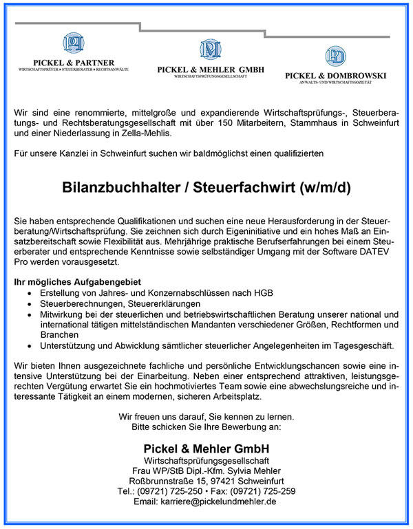 Für unsere Kanzlei in Schweinfurt sichen wir baldmöglichst qulifizierten Bilanzbuchhalter / Steuerfachwirt (w/m/d)