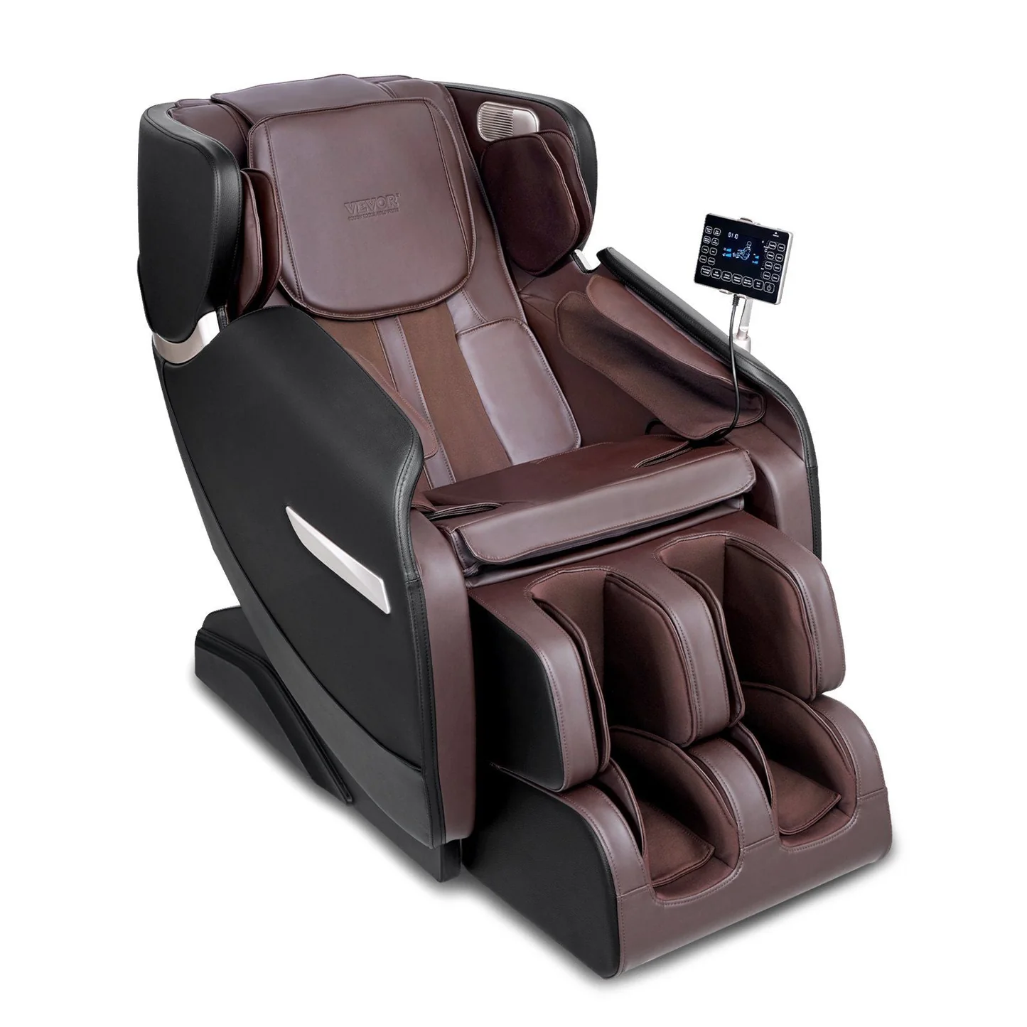 A luxurious, full-body massage chair with a sophisticated brown and black leather design. The chair features a built-in touchscreen control panel, integrated speakers, and extensive leg and foot massager elements. The "Vevor" logo is subtly embossed on the headrest.