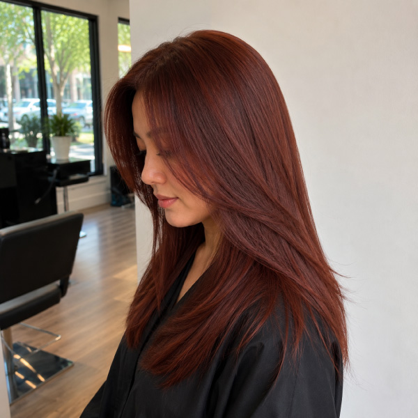 Rich all-over red hair color at Avissa Salon in Ann Arbor delivers vibrant, dimensional color with e 