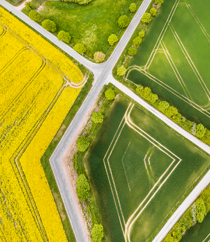 Top-down view of a four-way stop in rural Saskatchewan.