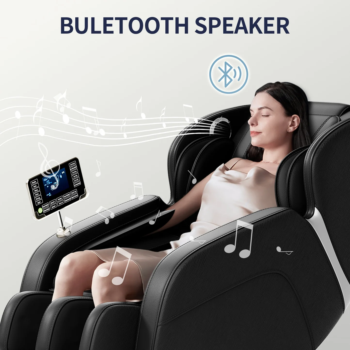 A woman is relaxing in a black massage chair while listening to music, indicated by musical notes and a Bluetooth symbol. A touch screen on the armrest displays massage options. The text "BULETOOTH SPEAKER" is at the top of the image.