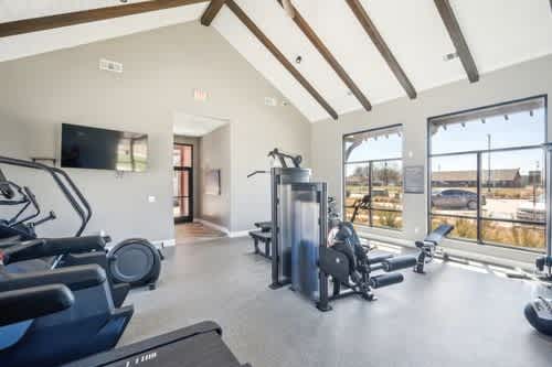 A gym with treadmills, elliptical machines, and a television.