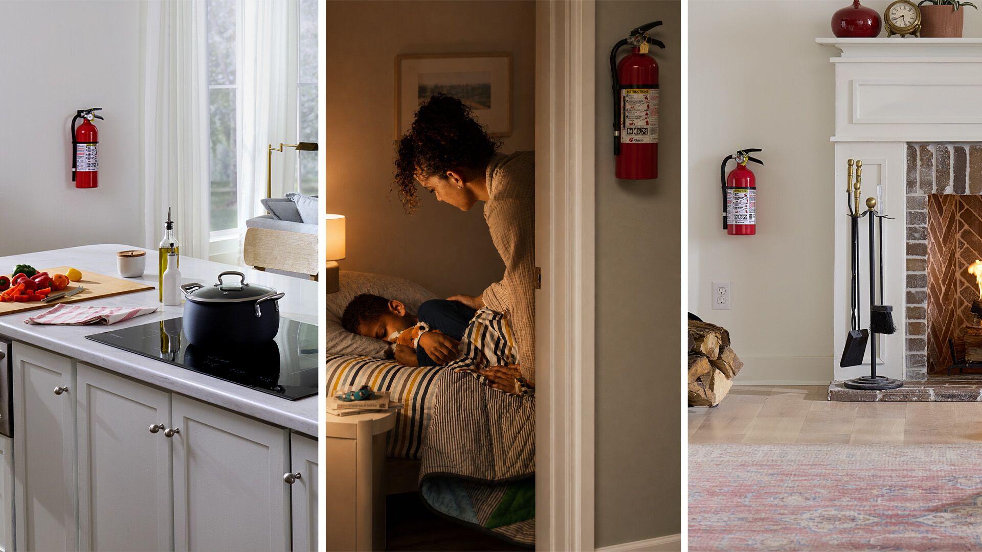 collection of images - a cooking pot on the over, mom putting child to bed, fireplace scene with a fire extinguisher