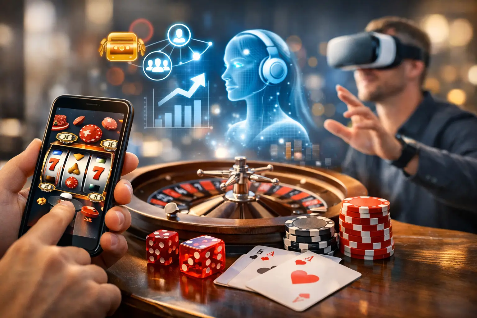 A close-up view of a person holding a smartphone displaying a slot machine game, superimposed over a roulette wheel and casino chips. In the background, a man wearing a VR headset interacts with a holographic projection of a stylized female head with headphones, alongside futuristic graphics depicting a growing bar chart, social connection icons, and a treasure chest. The scene suggests a blend of online gambling, virtual reality, and data analytics in the gaming industry.