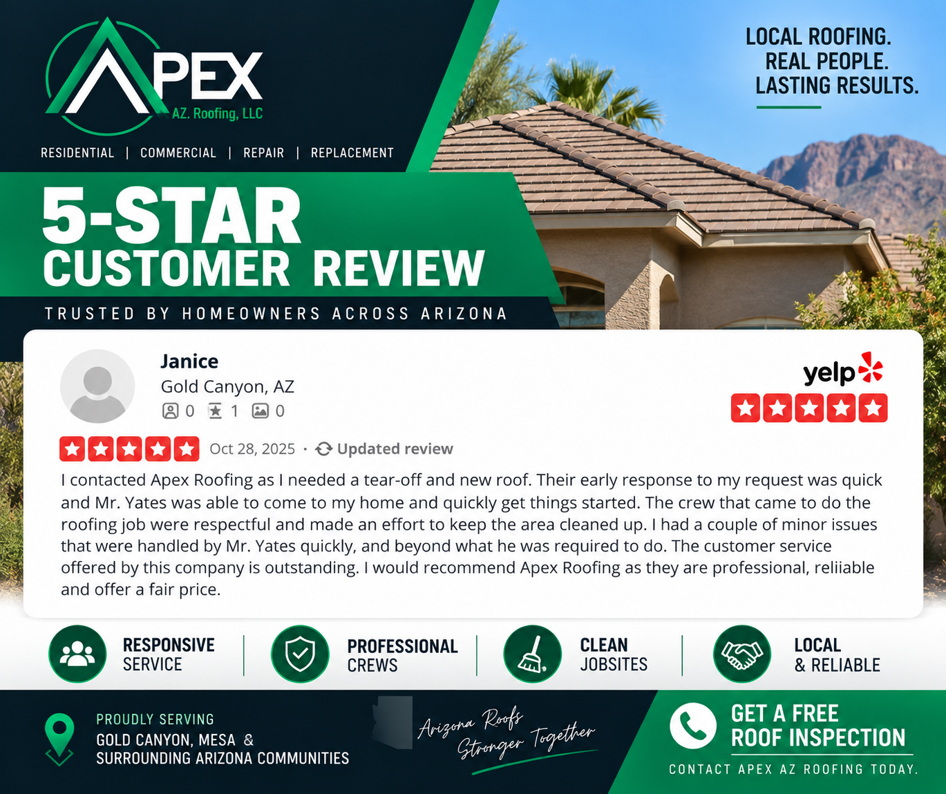 Five-star Yelp review graphic from a Gold Canyon, Arizona customer describing their experience with  