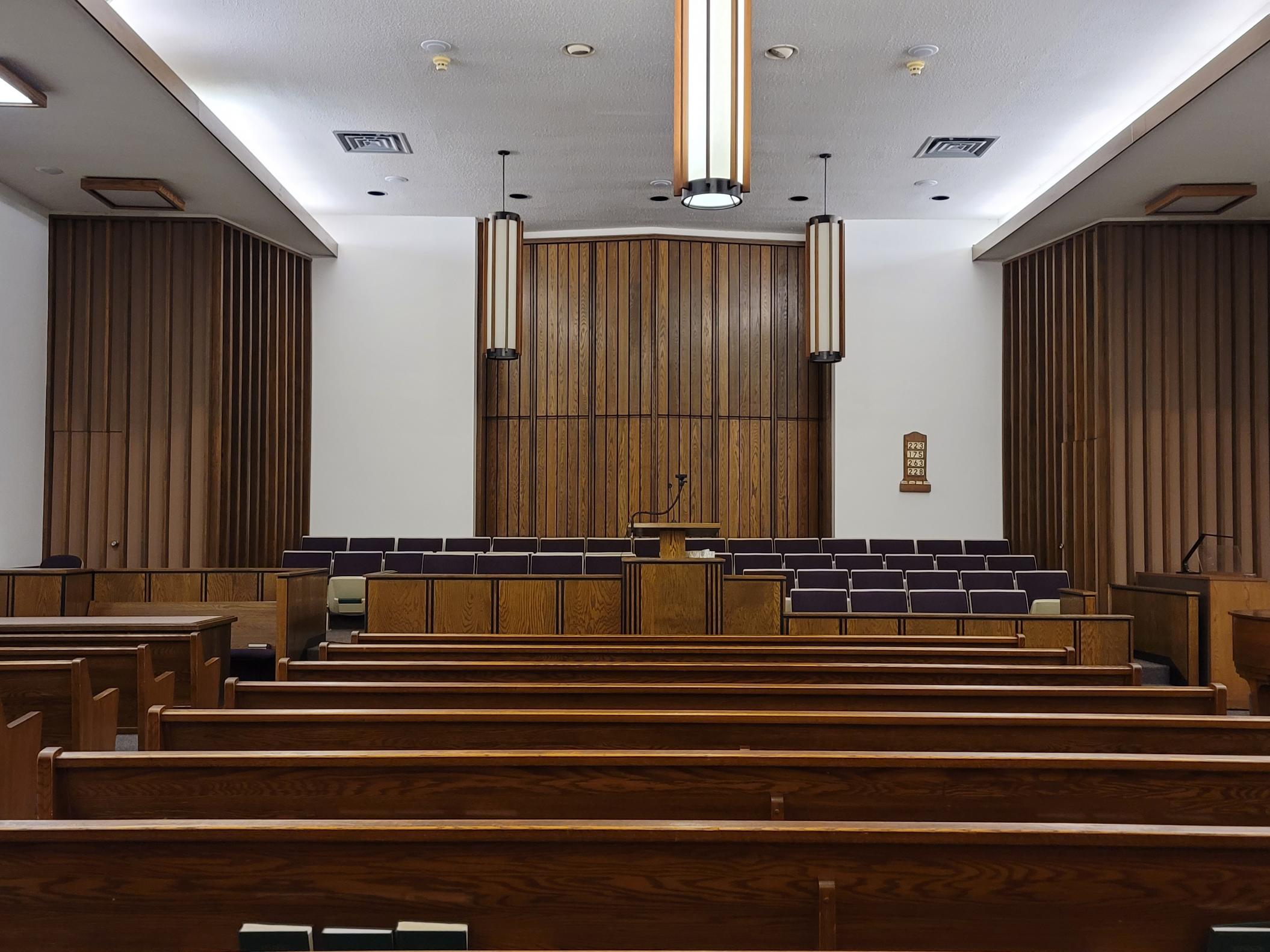 Chapel where the main meeting, Sacrament Meeting, is held at The Church of Jesus Christ of Latter-day Saints
