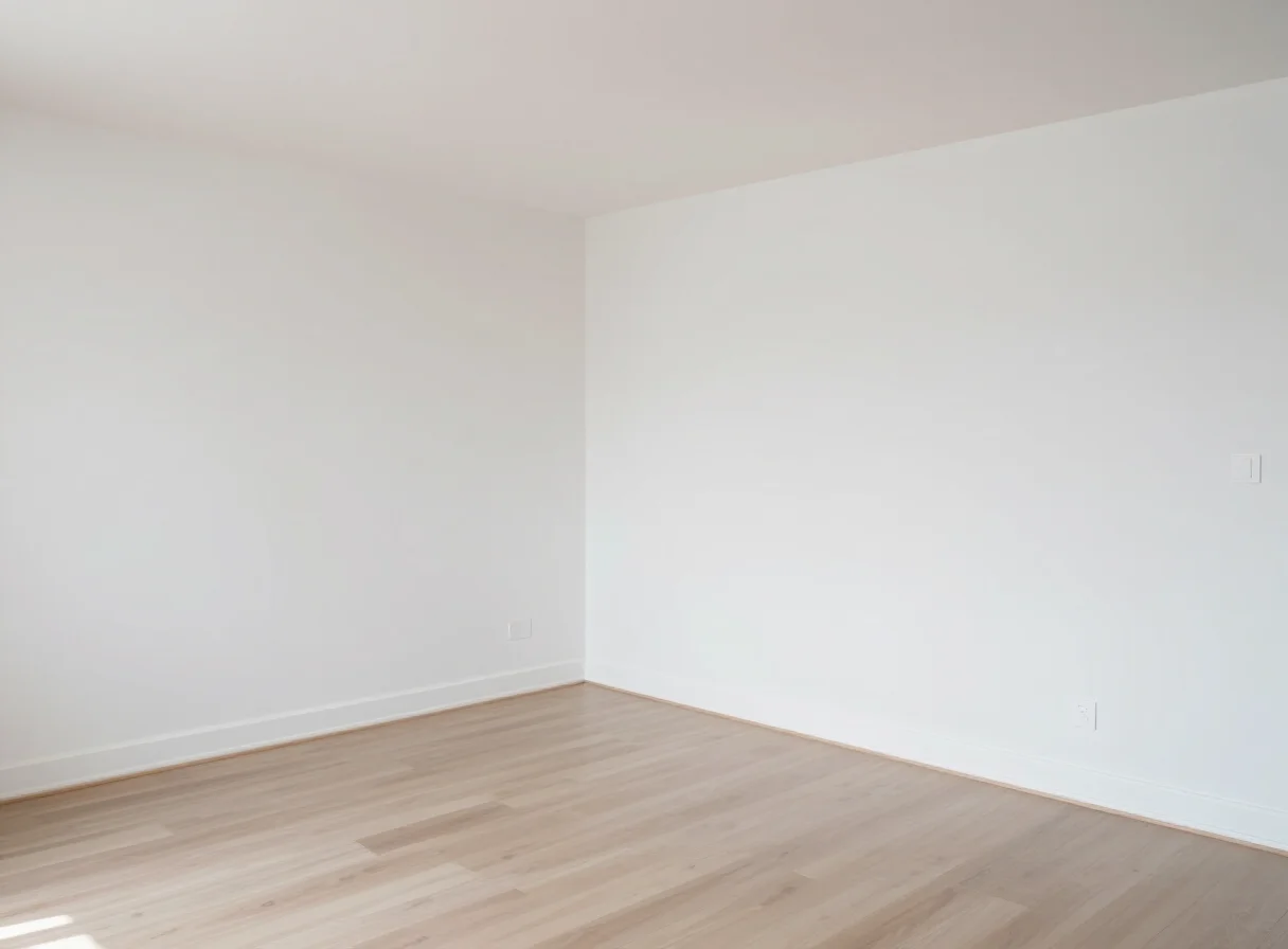 An empty, freshly painted room with light wood floors and white walls. Sunlight streams in from the left, casting shadows on the floor. There are two electrical outlets visible on the walls.