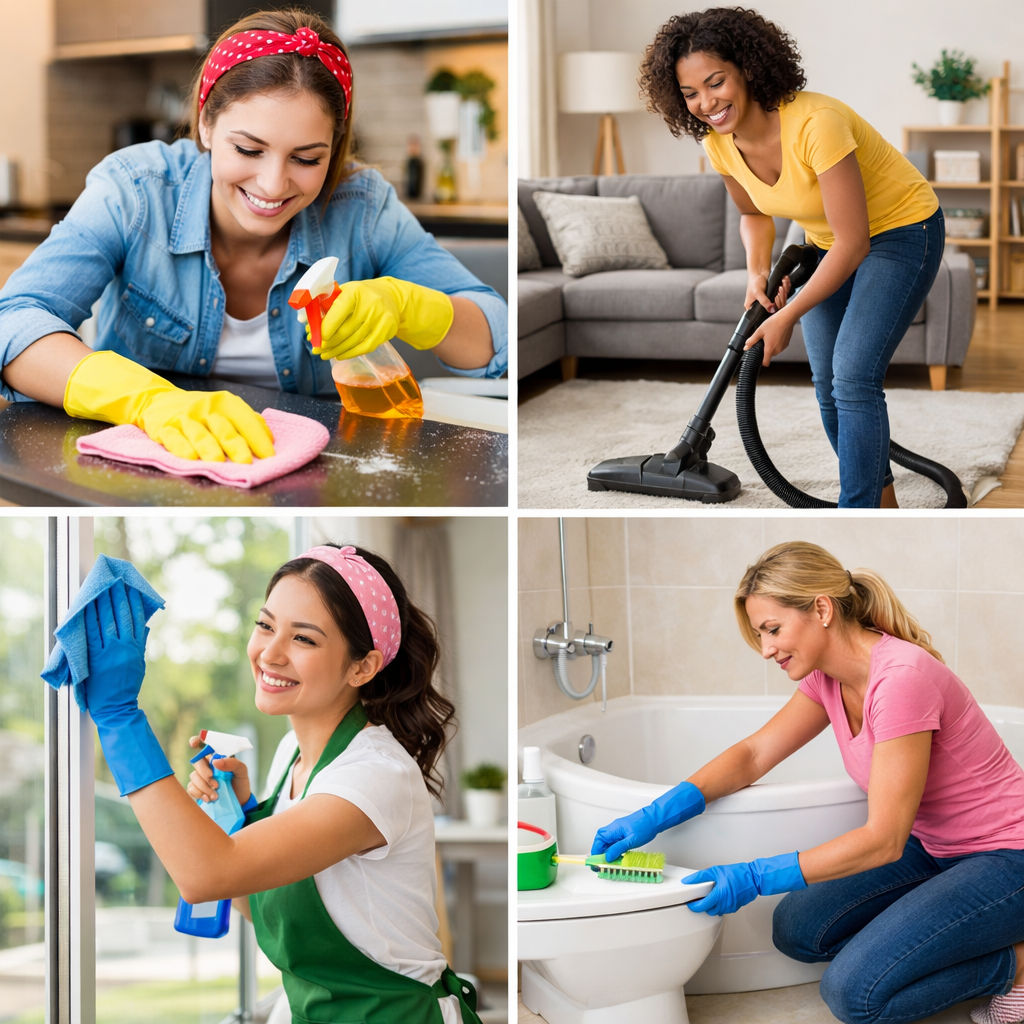 Four women are shown cleaning different areas of a home. The top left image shows a woman cleaning a countertop. The top right image shows a woman vacuuming a living room rug. The bottom left image shows a woman cleaning a window. The bottom right image shows a woman cleaning a toilet in a bathroom. All of the women appear to be smiling and engaged in their cleaning tasks.