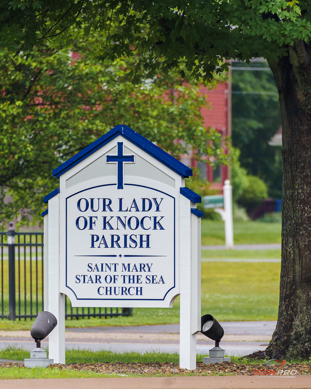 Custom monument sign fabricated and installed by Sign Pro for Our Lady of Knock Parish and Saint Mary Star of the Sea Church.