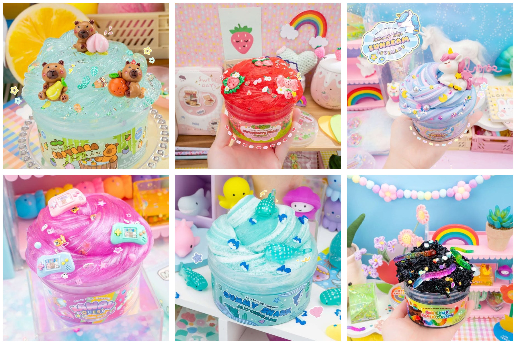 Explore the Kawaii Slime restock at The Curious Child in Poulsbo, WA, with over 16 colorful styles available. Discover fruity, unicorn, shark, gaming, candy, and other creative slime designs.