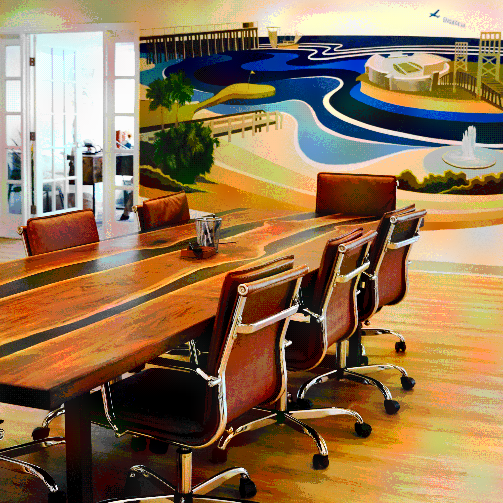 Conference table and mural of Jacksonville, Florida