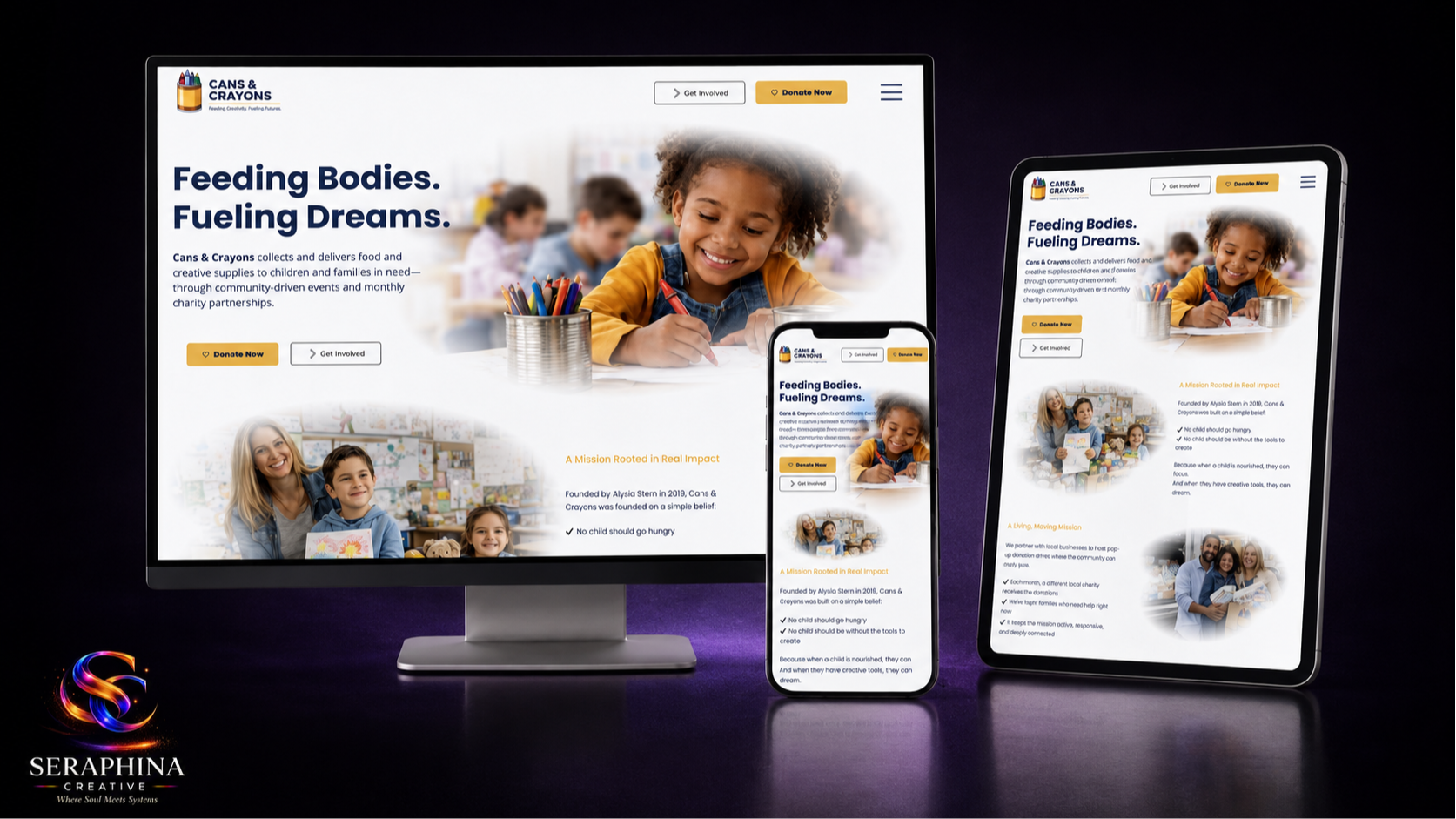 Custom landing page design for Cans & Crayons, a community-focused nonprofit supporting children and 