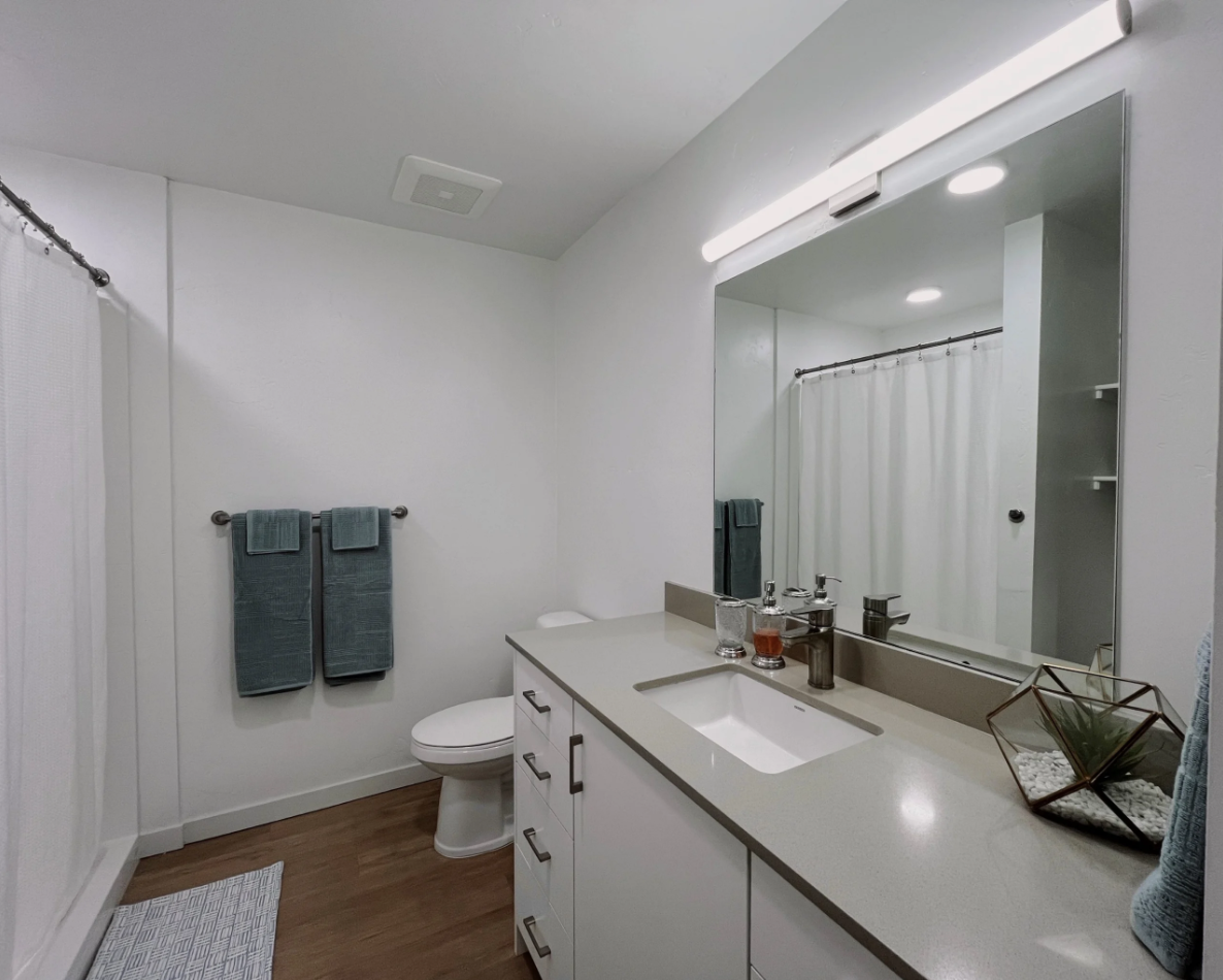 Spacious bathroom with a large mirror and a sink with an overhead sconce light, shower with a while textured shower curtain and liner shelving storage