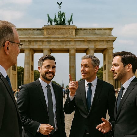 Herren im Dialog vor dem Brandenburger Tor für die Dodona Loge.