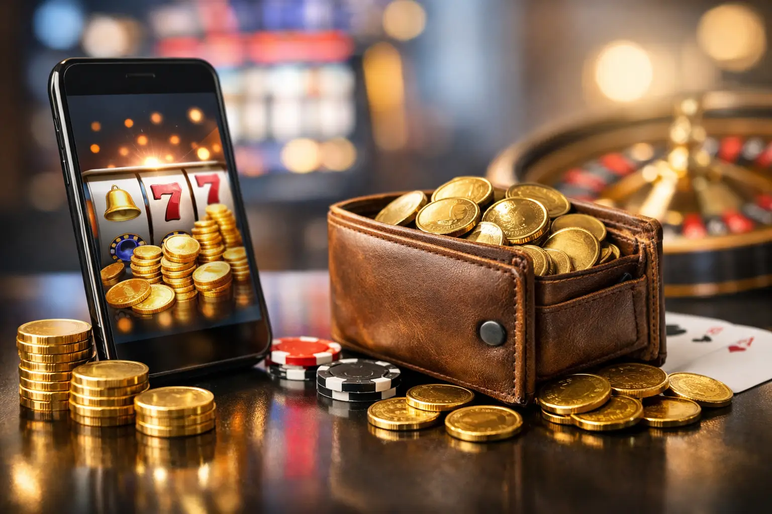 A smartphone displays a slot machine game with stacks of gold coins, next to a brown leather wallet overflowing with gold coins. Scattered around are poker chips and playing cards, with a blurred roulette wheel in the background, suggesting a casino or gambling theme.
