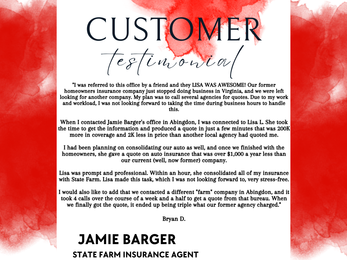 We love it when our customers take their time to leave us such thoughtful reviews! Jamie Barger Stat Jamie Barger - State Farm Insurance Agent Abingdon (276)676-1150