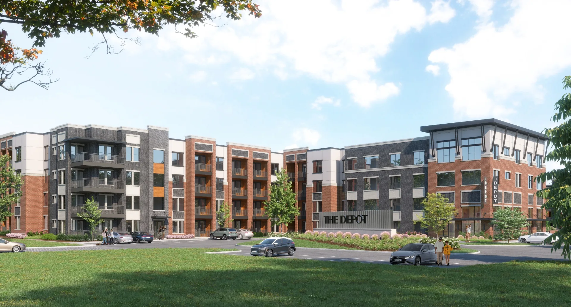 Front view of The Depot at Celina apartments with building signage visible