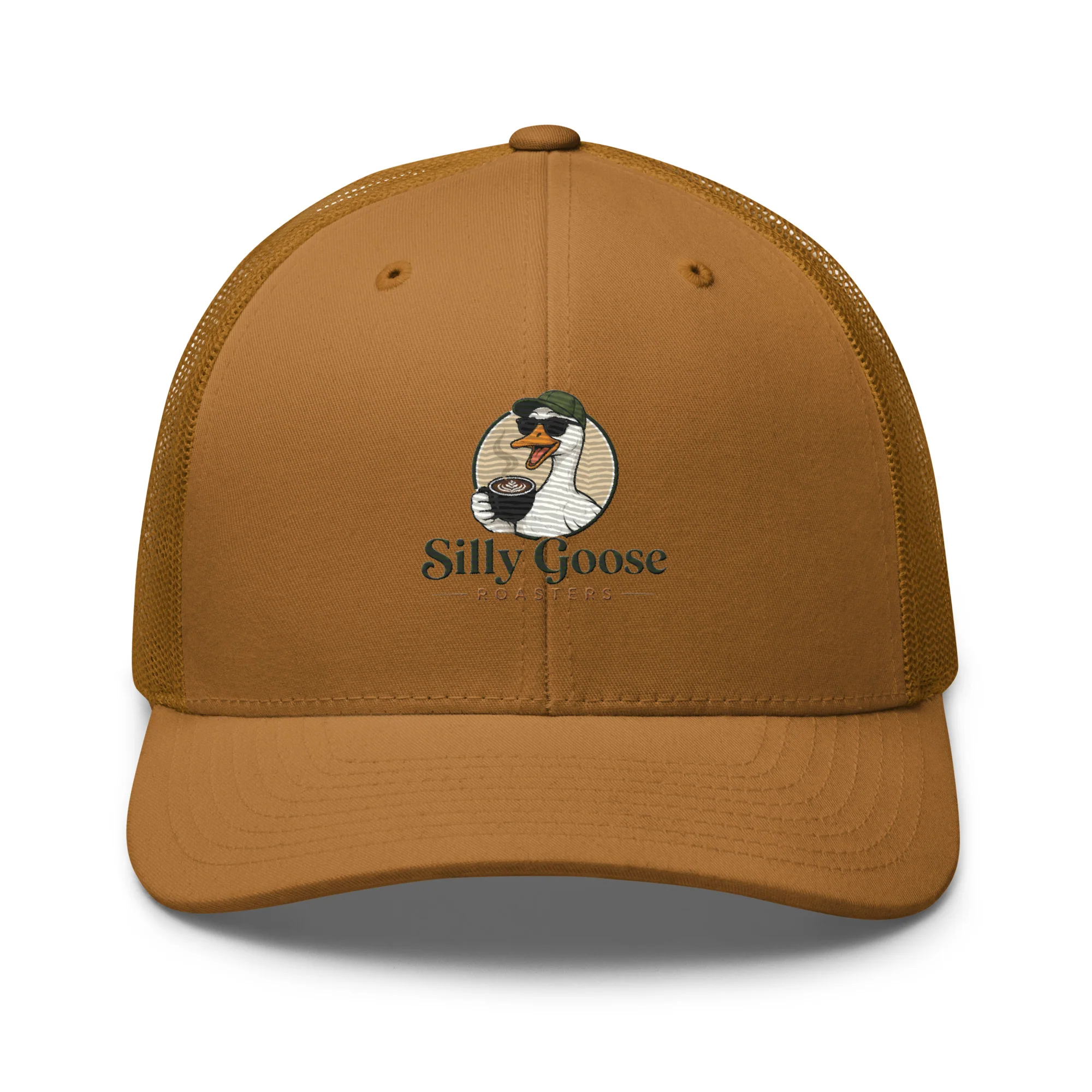 A brown trucker hat with a graphic of a cartoon goose wearing sunglasses and a green cap, holding a coffee cup. Below the graphic, the text "Silly Goose ROASTERS" is printed.