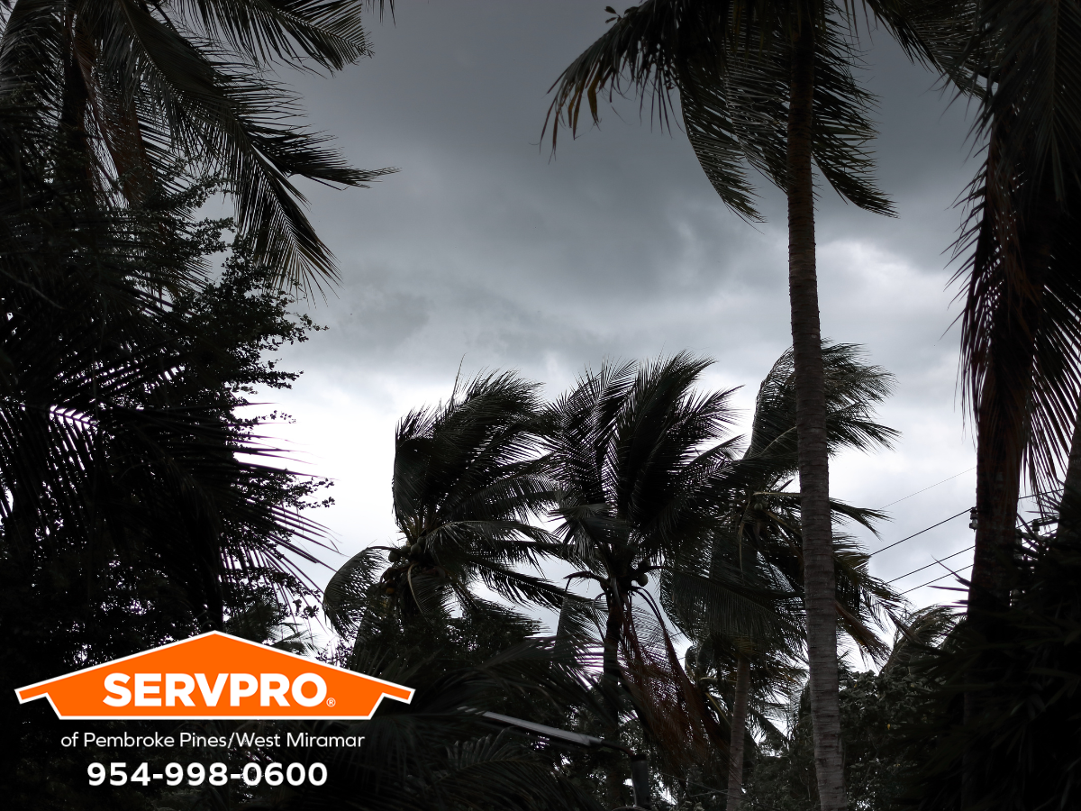 If you live in Florida, you are no stranger to inclement weather. As the end of the Atlantic hurricane season approaches, we want to remind residents and businesses to remain vigilant and prepared for the next big storm. Our local SERVPRO of Pembroke Pines / West Miramar teams offer these hurricane watch safety tips for steps that can be taken during a hurricane watch:

A hurricane watch implies that people should be on the lookout for the possibility of severe weather, negative effects from tropical events, other severe weather, or flash flooding.
When you see your area is under a tropical storm or hurricane watch, you should begin to put your family action plan into place.
Pull out your hurricane kit, fill sandbags, and make the appropriate calls. This may be the best time to decide whether or not to evacuate if you are in a vulnerable structure such as a mobile home or any structure without a foundation, or if you live near a flood plain.
Why are we a trusted leader in storm damage restoration services?

24-Hour Emergency Service
Faster to Any-Sized Disaster
Highly Trained Technicians
A Trusted Leader in the Restoration Industry
Locally Owned and Operated
Advanced Restoration and Cleaning Equipment
Call Us Today!

When your home or commercial business sustains storm damage and you need storm damage remediation services, our SERVPRO of Pembroke Pines / West Miramar team is Here to Help. ® We’ll restore your property damage “Like it never even happened.”