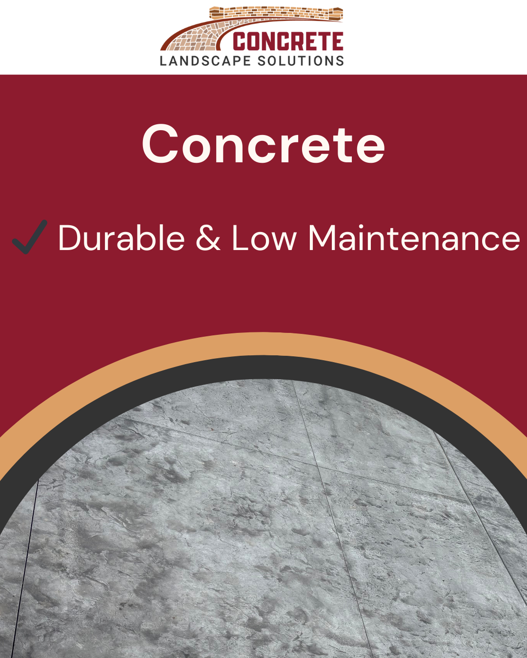 Concrete durability photo highlighting the low-maintenance benefits of concrete for driveways, patios, and hardscape surfaces.