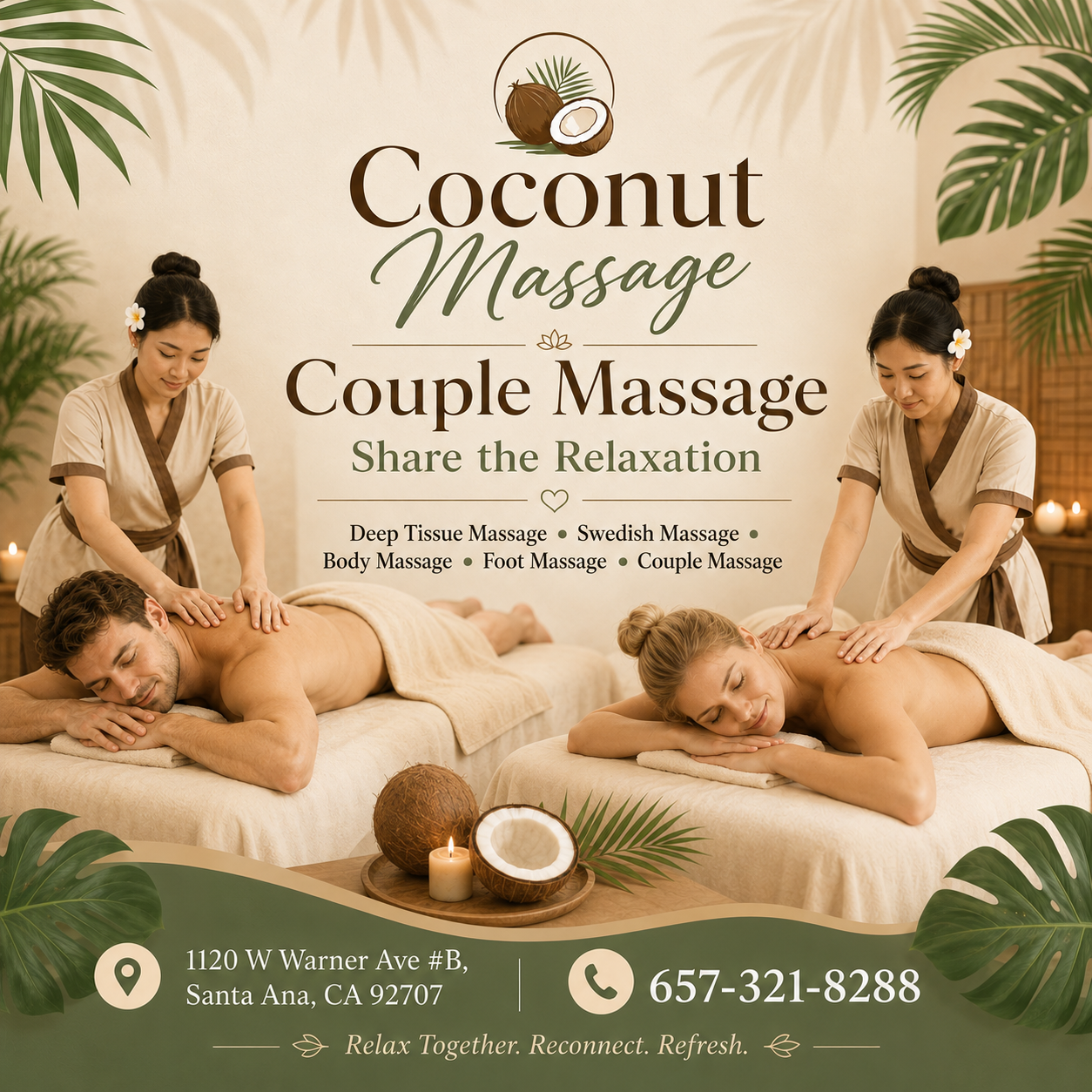 What better way to give that gift than share that gift in our inviting Couples Massage Rooms.
It's what you've come to expect from a Massage but in a larger room, with 2 of our Signature Tables
with 2 Therapists, one working on each of you. Our Therapists will work on each individual person
to accommodate their specific needs and will orchestrate your Couples experience to ensure
you are both relaxed and rejuvenated.