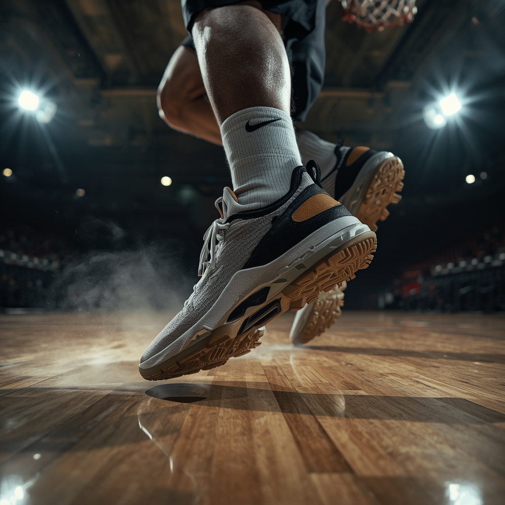 A low-angle, dynamic shot focuses on a basketball player's feet in mid-air during a game, emphasizing their athletic shoes and the action on the court. The player is wearing white socks with a black Nike logo, and grey and black basketball shoes with tan soles. Dust is kicked up from the wooden court, suggesting a powerful move. Bright arena lights illuminate the scene from above, creating a dramatic atmosphere. The background shows the blurred details of a basketball arena with spectators in the stands.