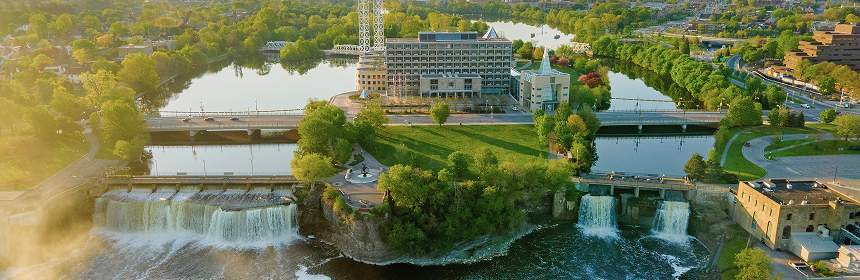 An aerial view of Rideau Falls in Ottawa at sunrise.