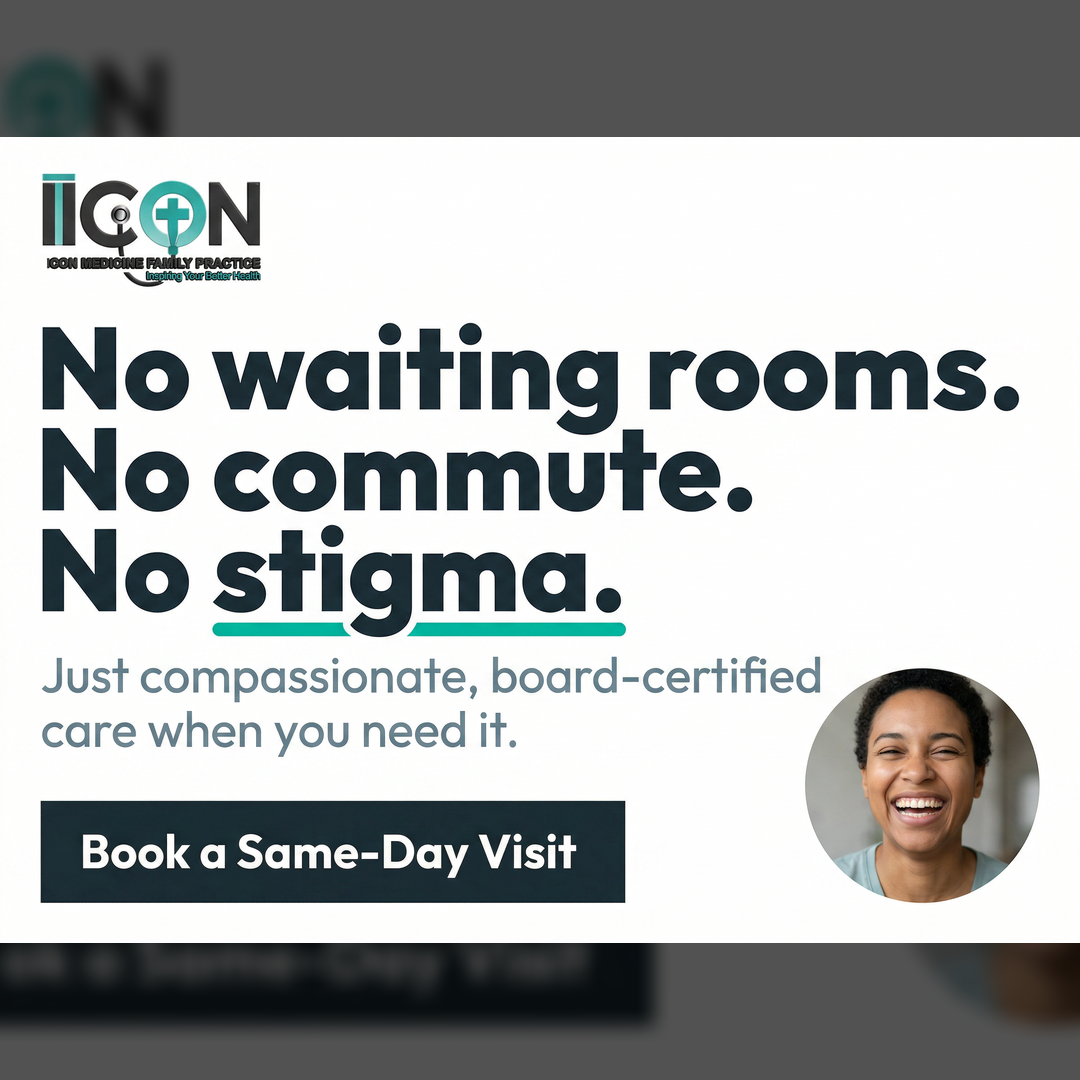 A dark blue text overlay on a white background features the prominent text "No waiting rooms. No commute. No stigma." Below this, smaller text reads "Just compassionate, board-certified care when you need it." A button labeled "Book a Same-Day Visit" is visible. To the right, a circular inset photo shows a woman with short dark hair smiling broadly, her eyes closed. Above the main text is a logo for "ICON MEDICINE FAMILY PRACTICE" with the tagline "Inspiring Your Better Health." A faint "ICON" text graphic is visible in the upper left corner.