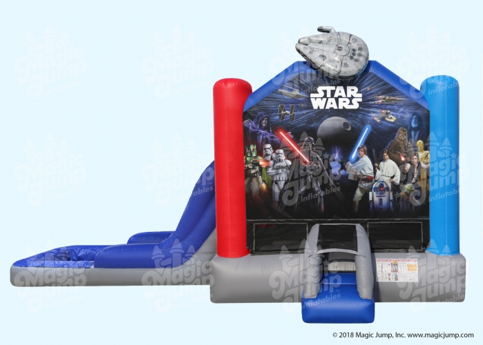 Coming from a galaxy far, far away.....Jump And Slide introduces STAR WARS bounce house rental on Long Island..
Star Wars party bouncer comes with a DRY slide , BOUNCER,
AND BASKETBALL NET INSIDE.(YOU PROVIDE THE BALL)

It has plenty of space for up to 8 Jedi Knights at a time to bounce, hop, skip, and jumparound to their heart's content.  
Star Wars jumper inflatable rental was Made in the USA with premium materials by master craftsman, the STAR WARS bounce house is designed with fully licensed digital artwork and a unique Millennium Falcon embellishment up top.  It is an epic ride that is suitable for all occasions. 
This inflatable is compliant with the ASTM's revised standards (F2374-17) with additional safety features such as a safer entrance/exit ramp and emergency exit.