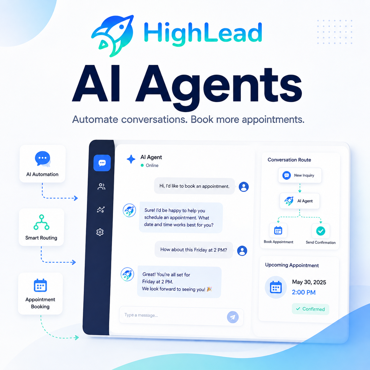 AI Agents
HighLead uses AI agents to help businesses respond faster, answer common questions, qualify leads, support scheduling, and reduce missed opportunities.