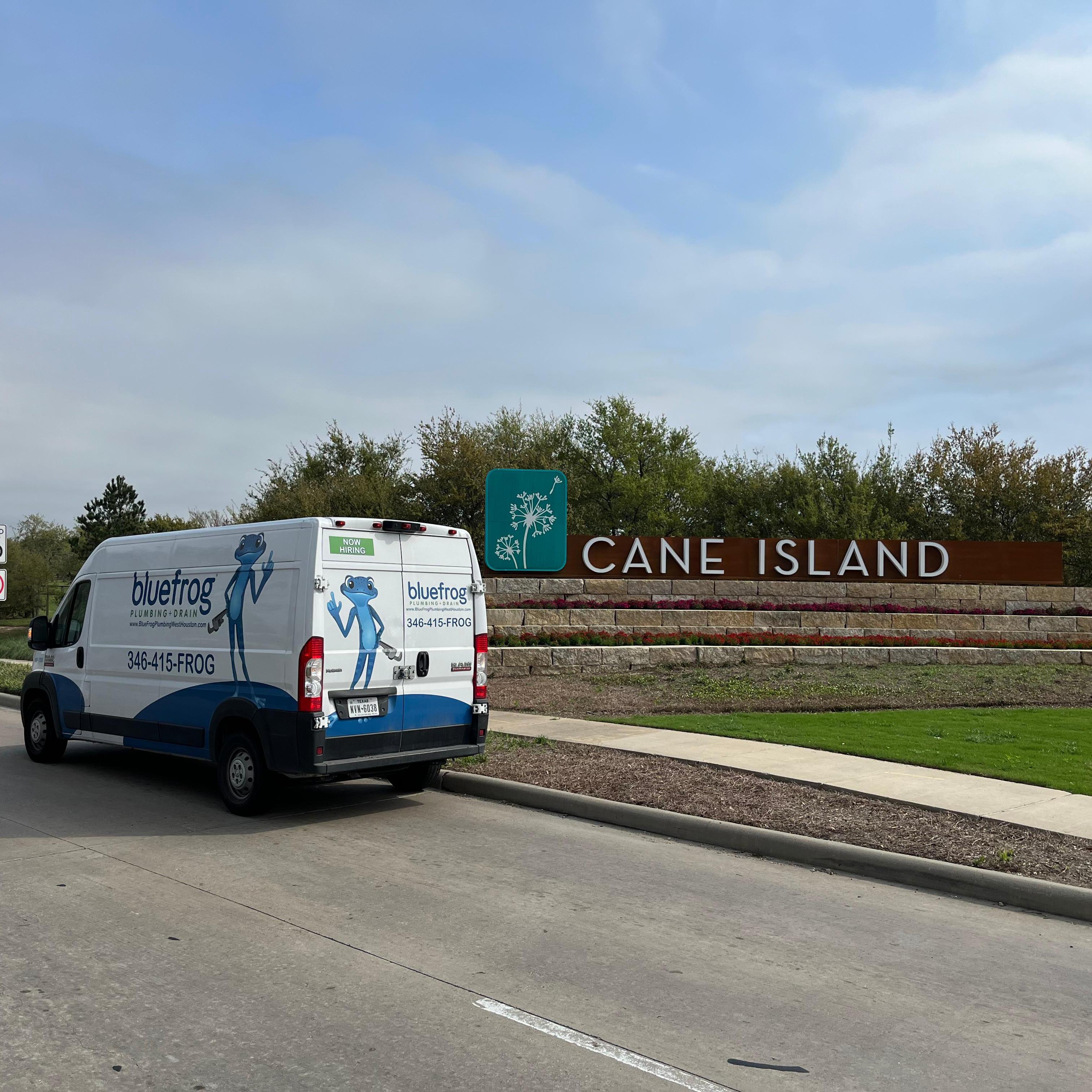 A bluefrog Plumbing and Drain service vehicle at Cane Island in Katy Texas