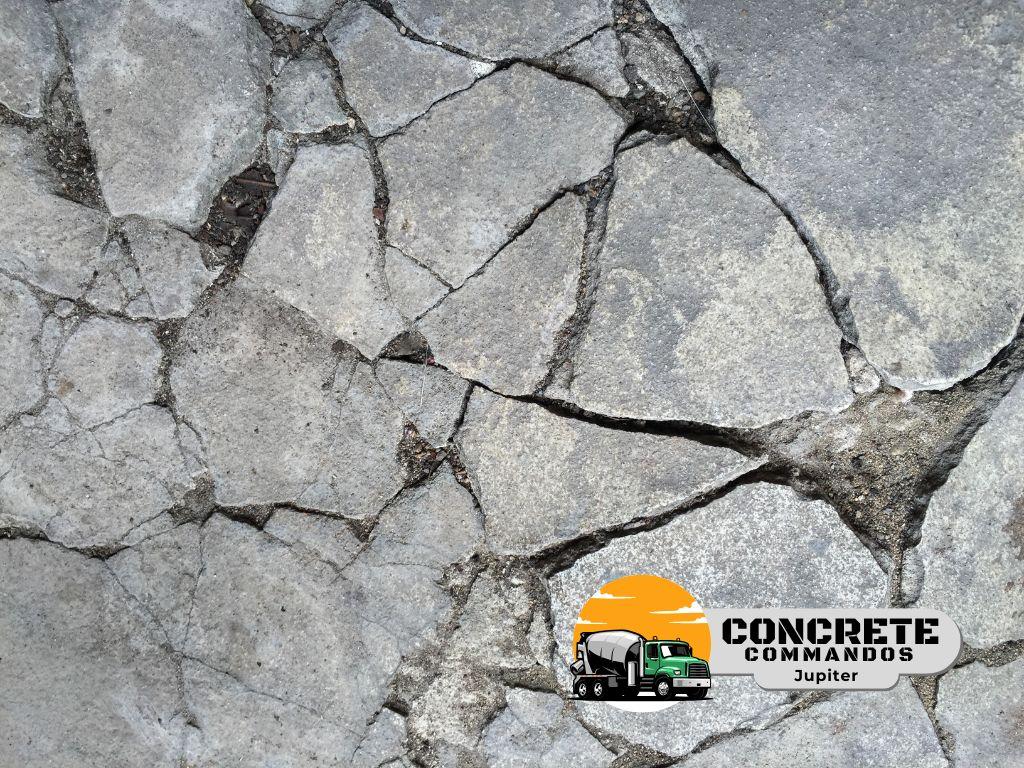 A detailed, close-up view of severely cracked, broken, and weathered exterior concrete requiring pro 