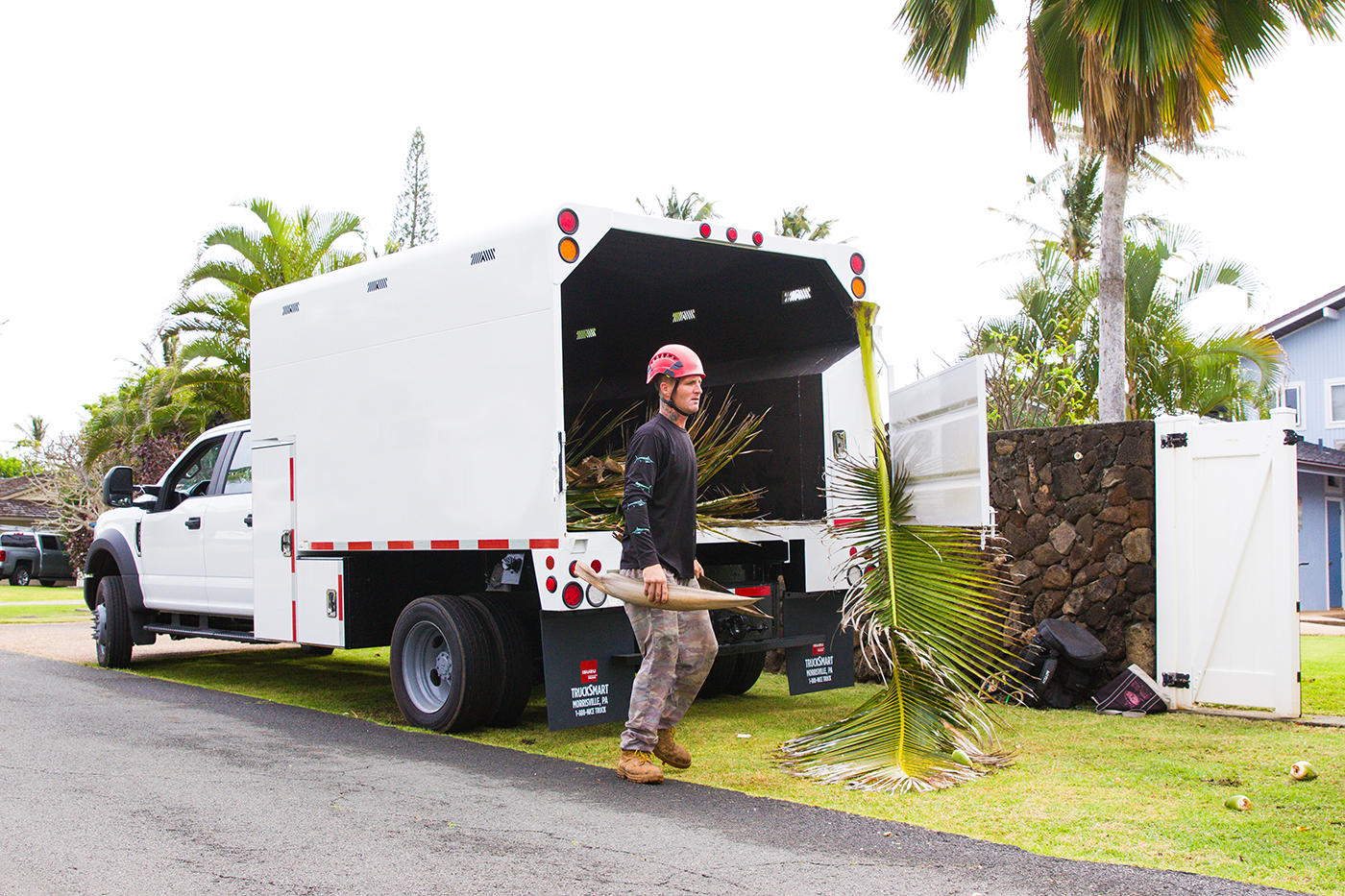 A tree service worker expertly trims branches on a sunny day in Oahu, Hawaii, ensuring the tree's health and the home's safety.