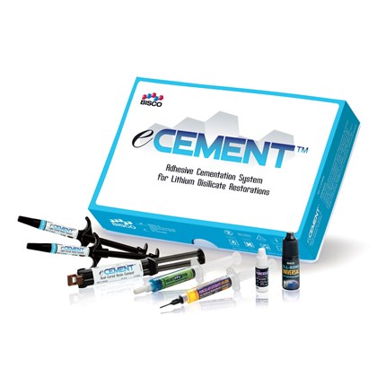 eCEMENT is a resin cementation system designed to simplify the placement of lithium disilicate (e.g. IPS e.max®*) restorations. Lithium disilicate is a silica-based glass ceramic available in pressed and milled forms, with both high and medium opacities, and high and low translucencies. The eCEMENT system contains both light-cure, and dual-cure resin cement, ensuring that all of your lithium disilicate restorations will have exceptional retention and esthetics. The eCEMENT system may also be used for cementation of all restorations including veneers, inlays, onlays, crowns, three-unit bridges CAD/CAM blocks & pressable ingots made of lithium disilicate.