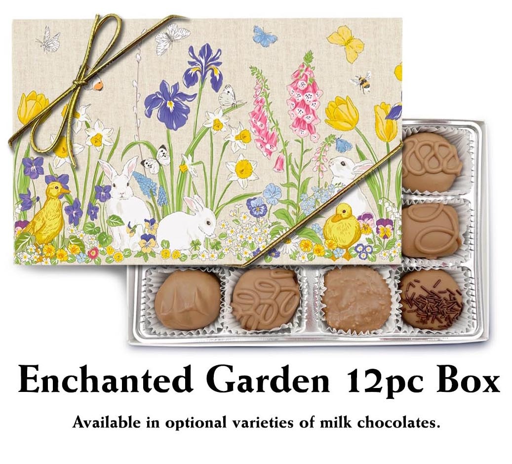 Celebrate spring with the beautiful Enchanted Garden 12pc Box from Florence's Exquisite Chocolates in Rexburg, ID! This gorgeous gift box, adorned with spring flowers, bunnies, and chicks, contains a delightful assortment of 12 gourmet milk chocolates. The perfect elegant gift for Easter or any spring occasion.