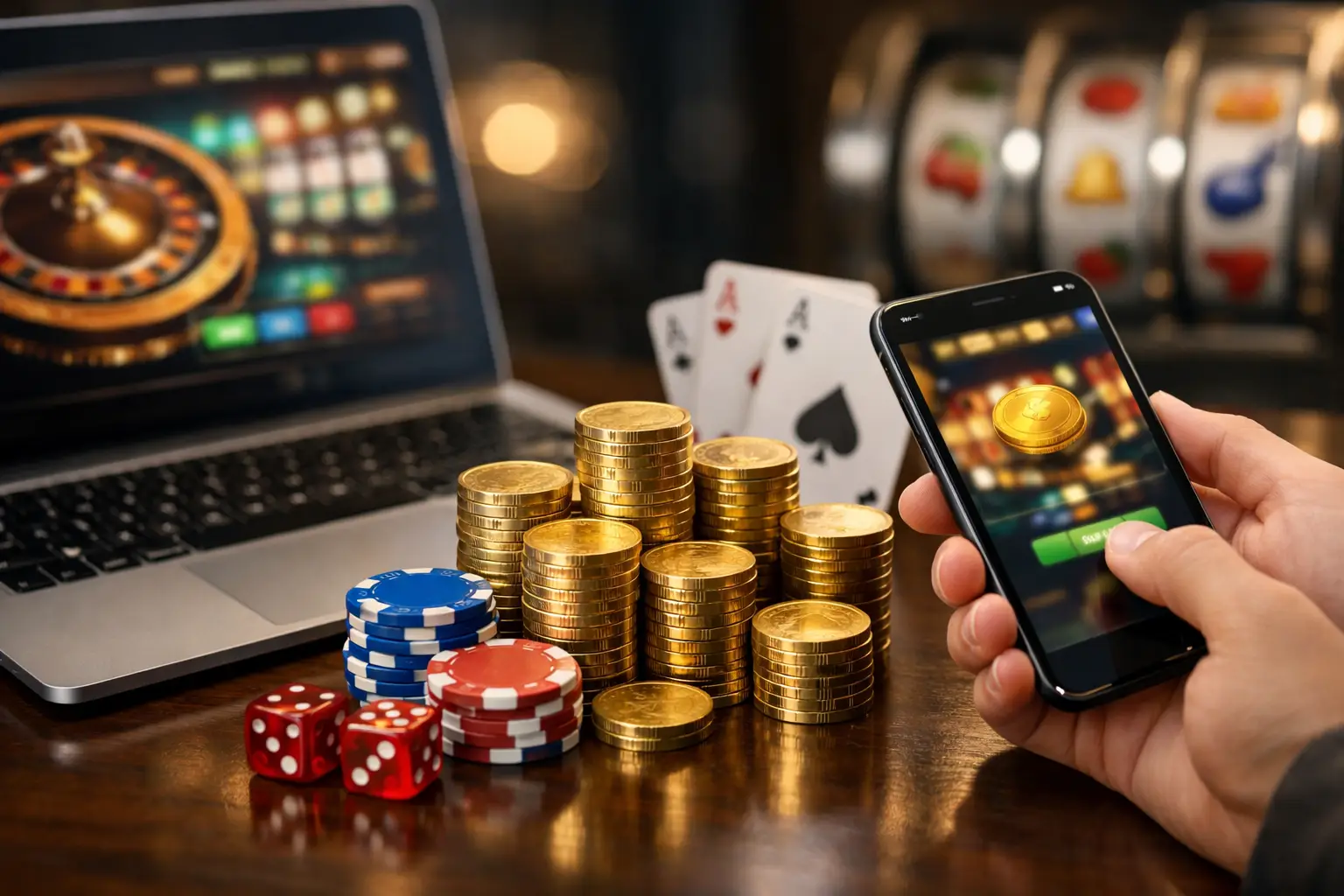 A hand holds a smartphone displaying an online casino game, with stacks of gold coins, casino chips, dice, and playing cards scattered on a wooden table. In the background, a laptop screen shows a roulette wheel, and slot machines are blurred.