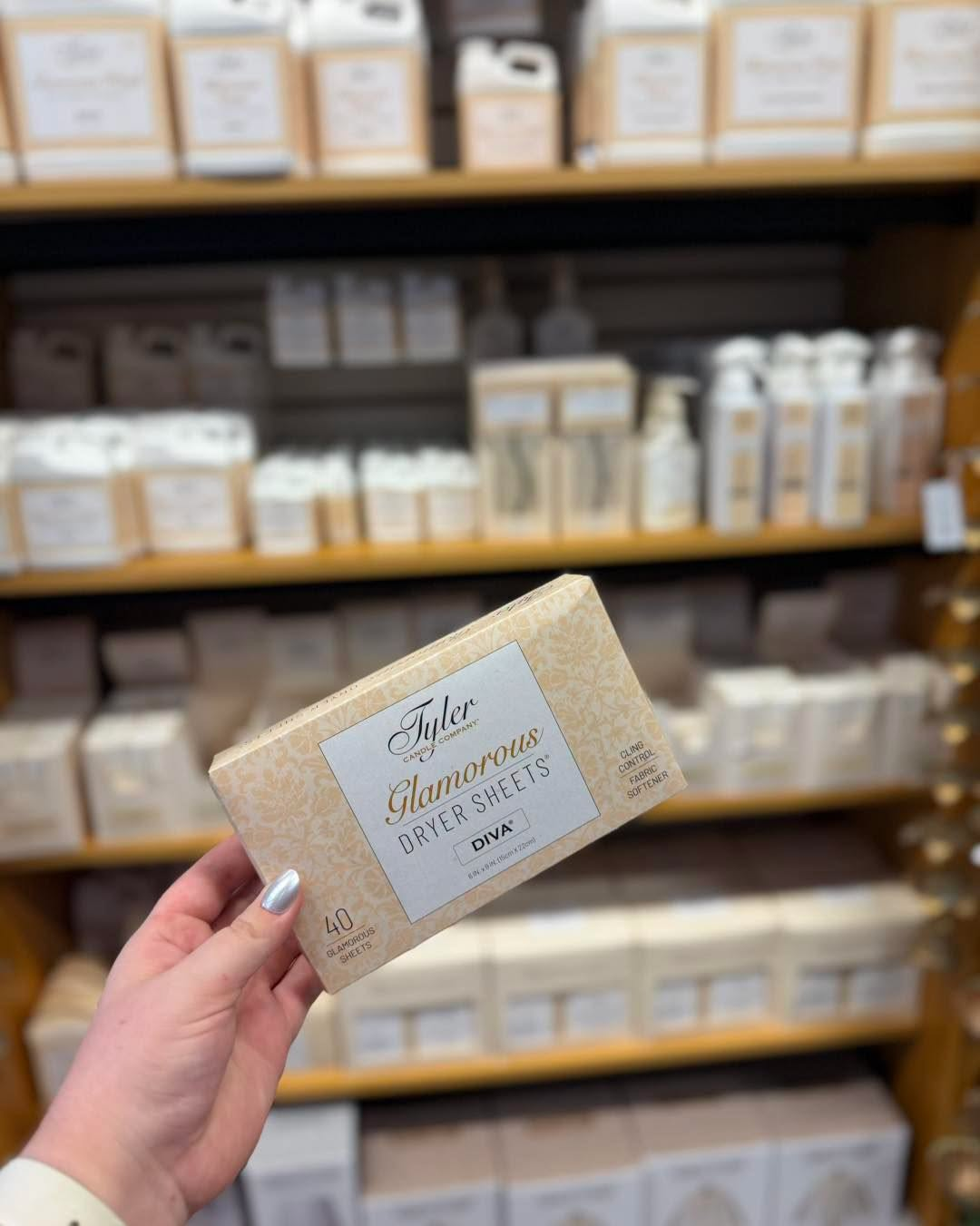 Diva Dryer Sheets are finally here! Grab your favorite Tyler Candle Company Glamorous Dryer Sheets before they’re gone. We’ve also restocked all sizes of Diva Wash. Stop by today from 10–6!