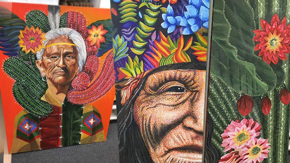 Three paintings depicting various Native American symbol imagery. The 1st painting depicts an elder with white hair and a flowering cacti behind her, a modern art style mixed with pointillism. The 2nd painting shows a wizened elder gazing into the scene with a headband of various plants and flowers. The 3rd painting depicts a cactus with many flowers.