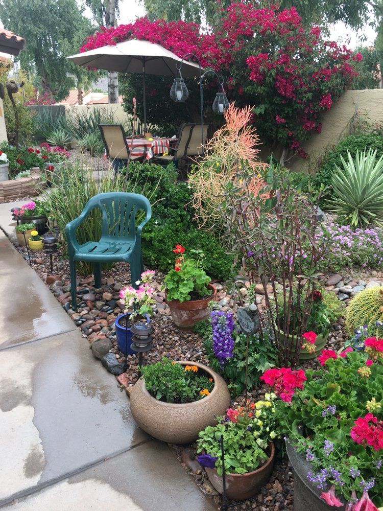 Colorful backyard garden with flowering plants, potted arrangements, a green chair, umbrella-covered patio seating, and wet paved walkway.