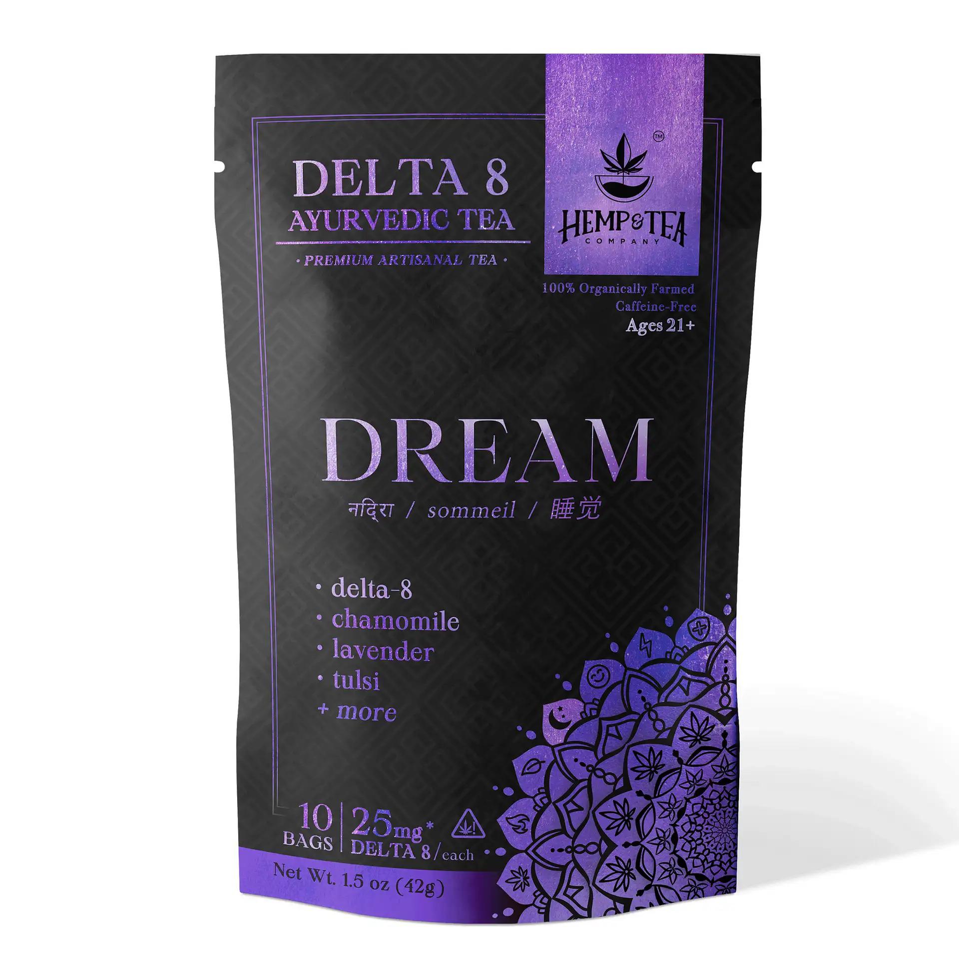 Rediscover the restfulness of deep sleep with our hand-crafted Delta 8 Tea Bags.

Our Dream blend is designed with water-soluble Delta 8, which is FOUR TIMES more bioavailable than other forms. Along with our balancing Ayurvedic herbs, this tea delivers its effects to the fullest, supporting rest and regeneration.