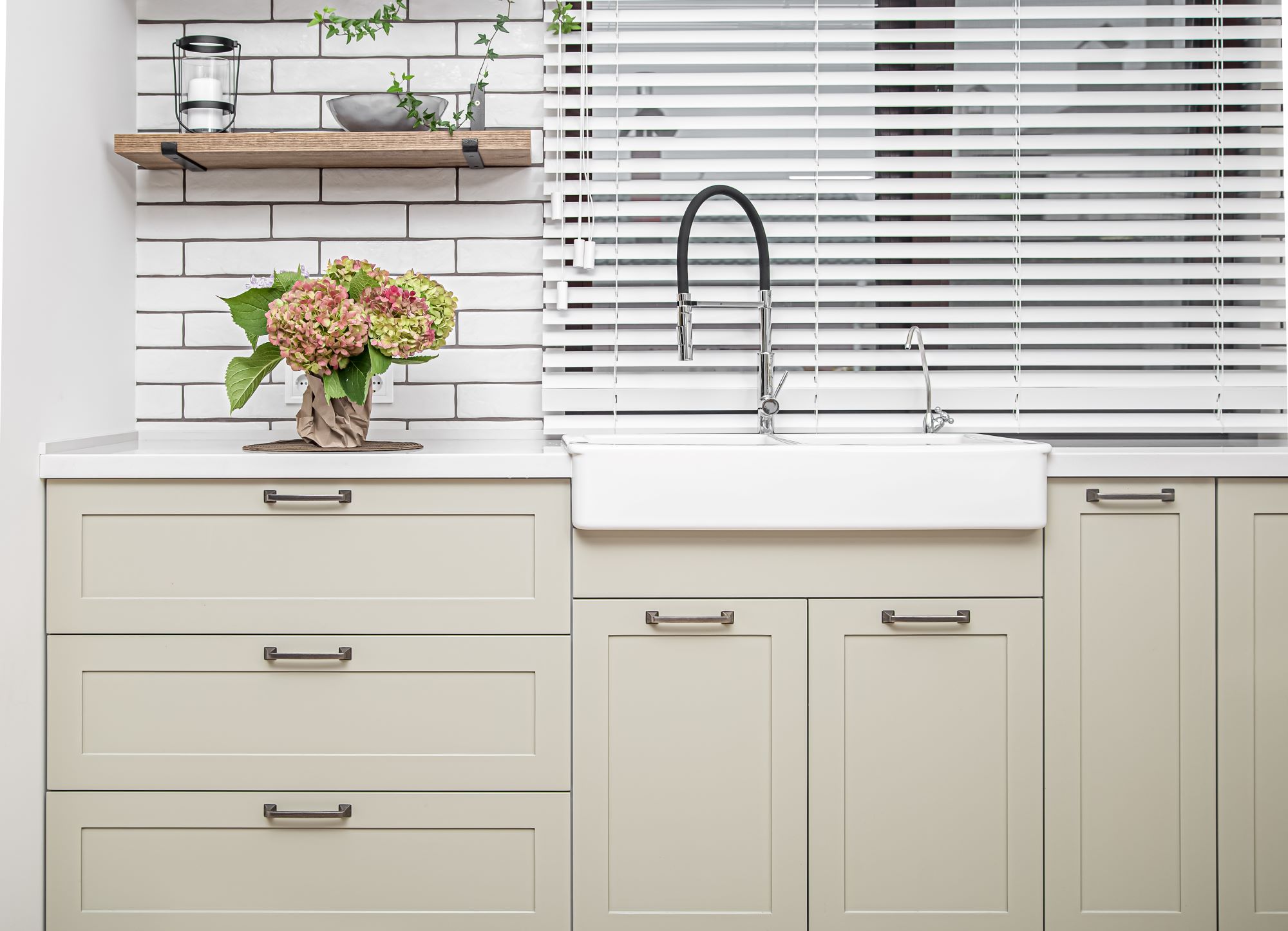 Tan cabinets after cabinet refacing in Duxbury