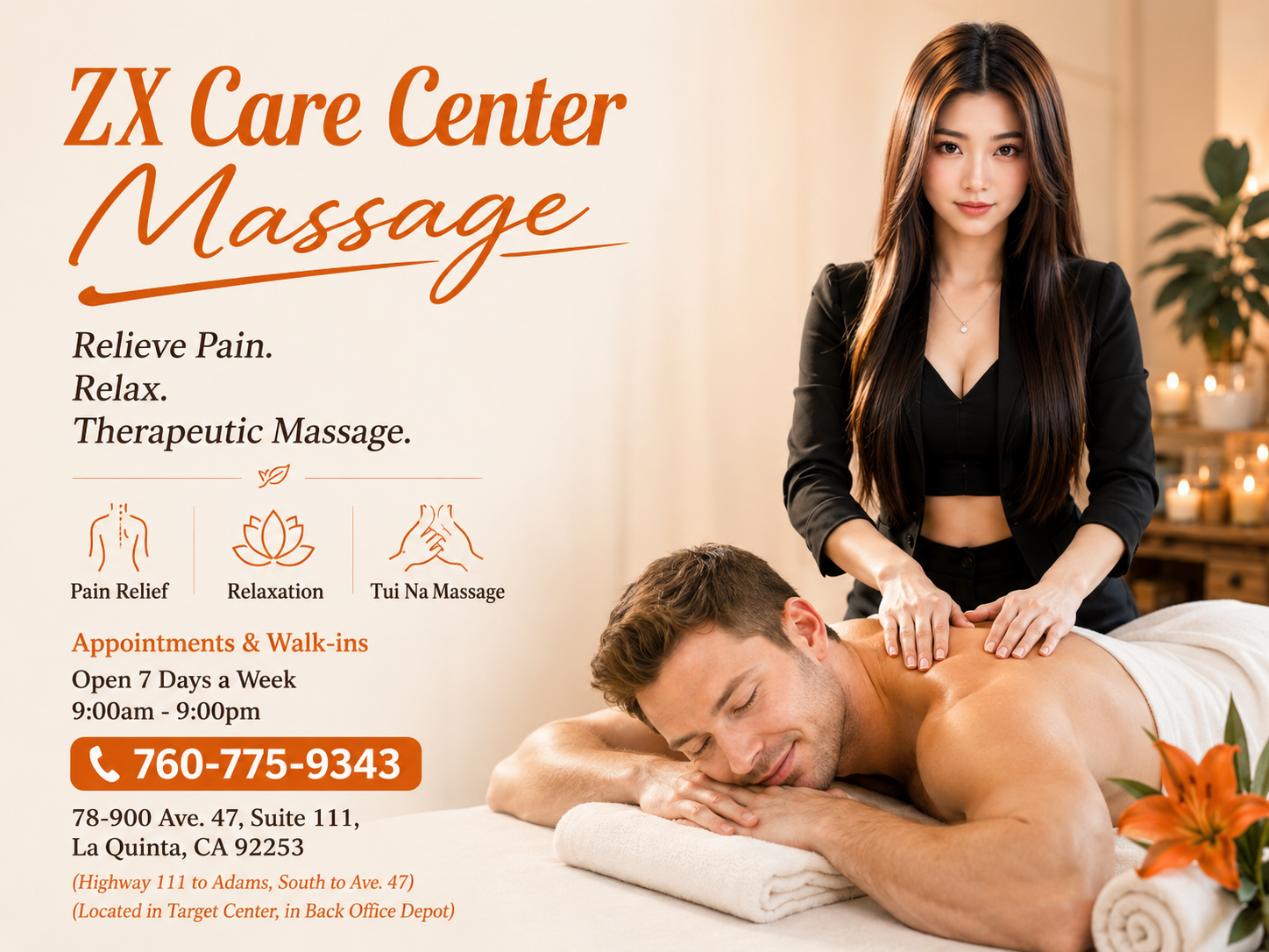 ZX Care Center Massage, 78-900 Ave. 47, Suite 111, La Quinta, CA