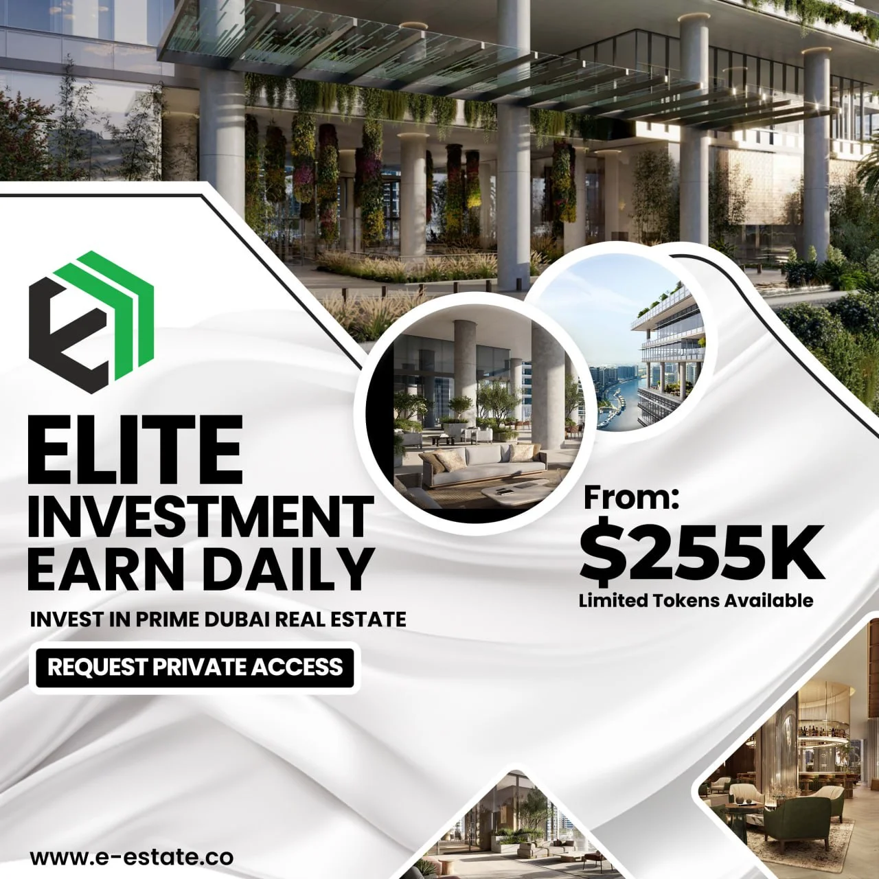 A real estate advertisement for Elite Investment, featuring a modern building exterior, interior lou 