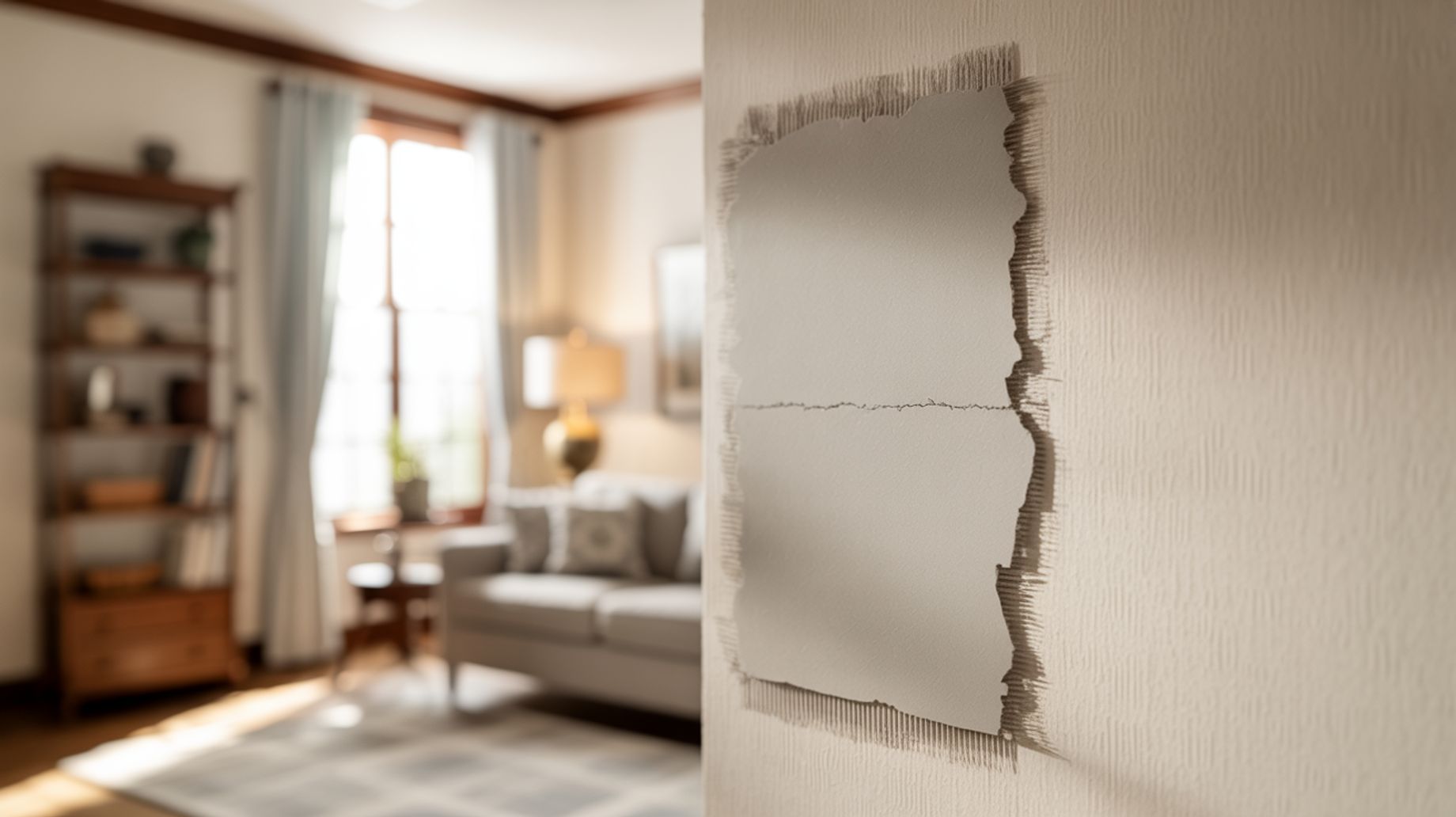 A close-up view of a ripped wallpaper patch on a textured wall, with a blurred living room in the ba 