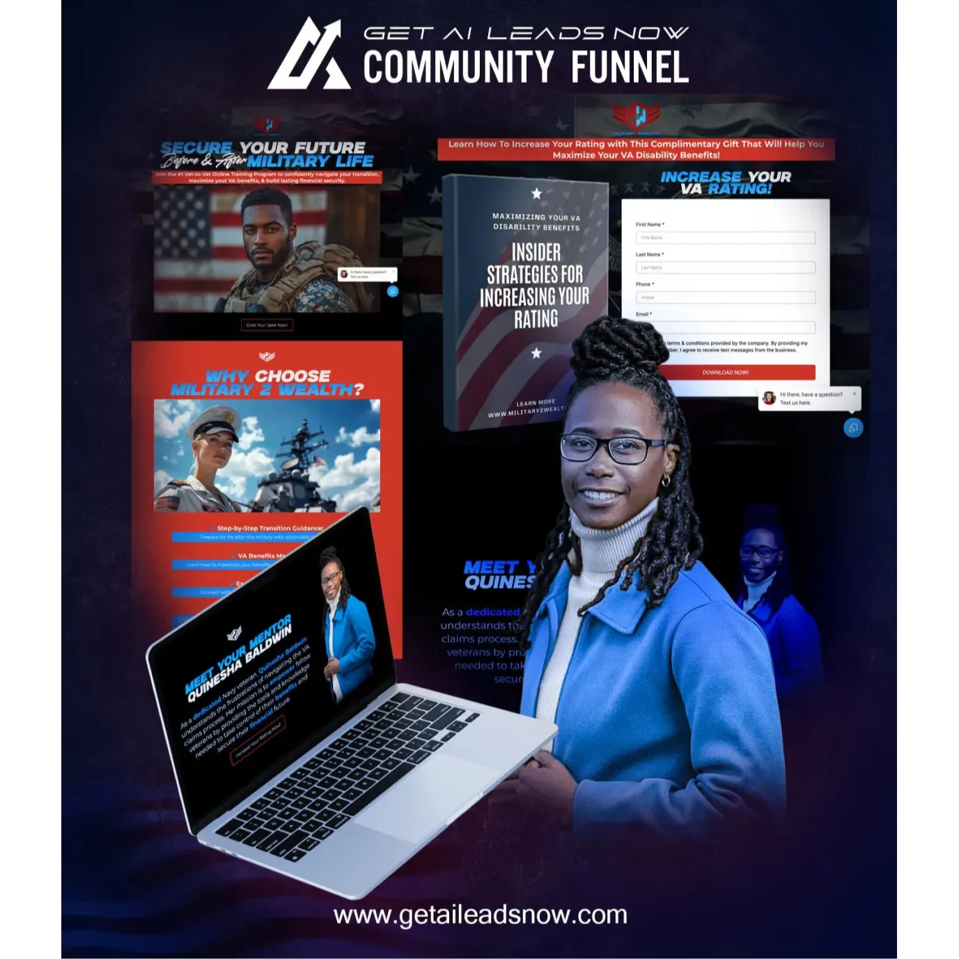 Military 2 Wealth Community Funnel:
Built for veteran empowerment and financial literacy, this community funnel speaks directly to military personnel transitioning to civilian life. It features downloadable guides, lead capture, and personalized mentorship touchpoints powered by CRM and AI tools.
