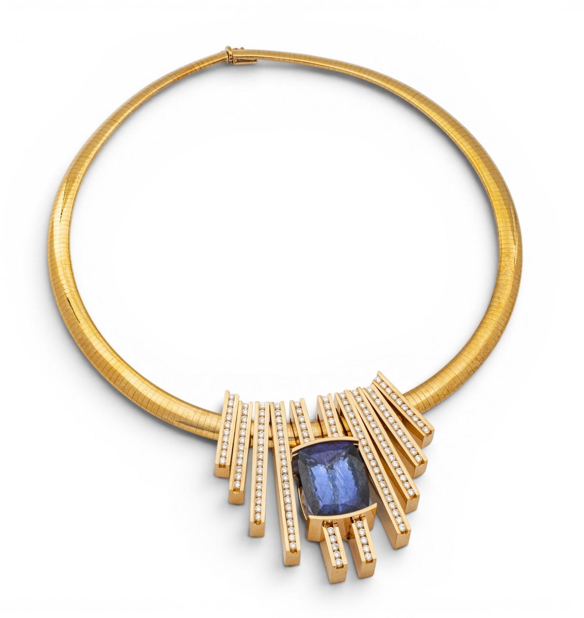14k Yellow Gold Tanzanite and Diamond Omega Chain Necklace L 19"